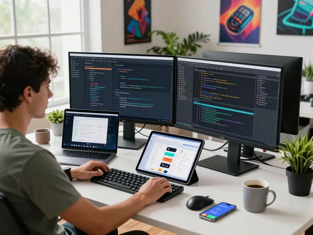 MoltBot workspace with developer coding commands, showcasing clawdbot interface on multiple screens and modern desk setup.