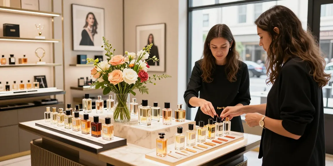 An elegant display of new perfume releases with a sales associate assisting a customer in a chic retail setting.