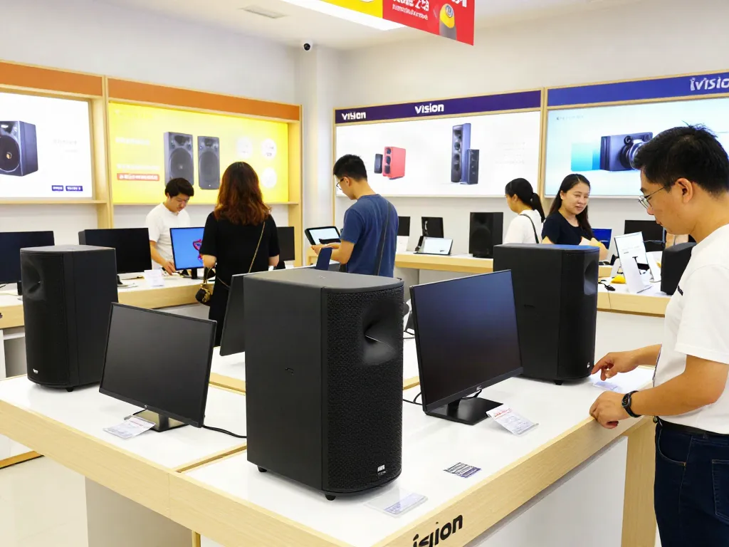 Explore Vision Speaker Price in a modern electronics store with diverse sound systems on display.