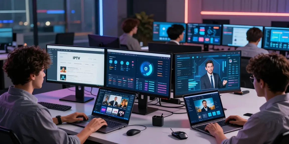 IPTV reseller dashboard showcasing cutting-edge software, cloud computing, and digital platform features in a sleek tech workspace.