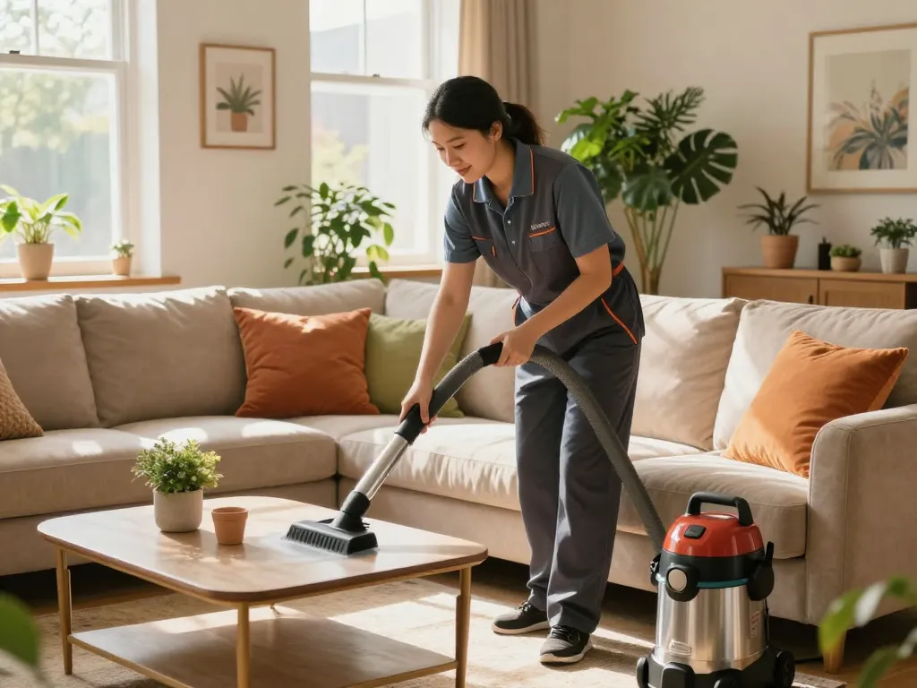 Budget home care blogs showcasing professional upholstery cleaning techniques in a cozy living room.