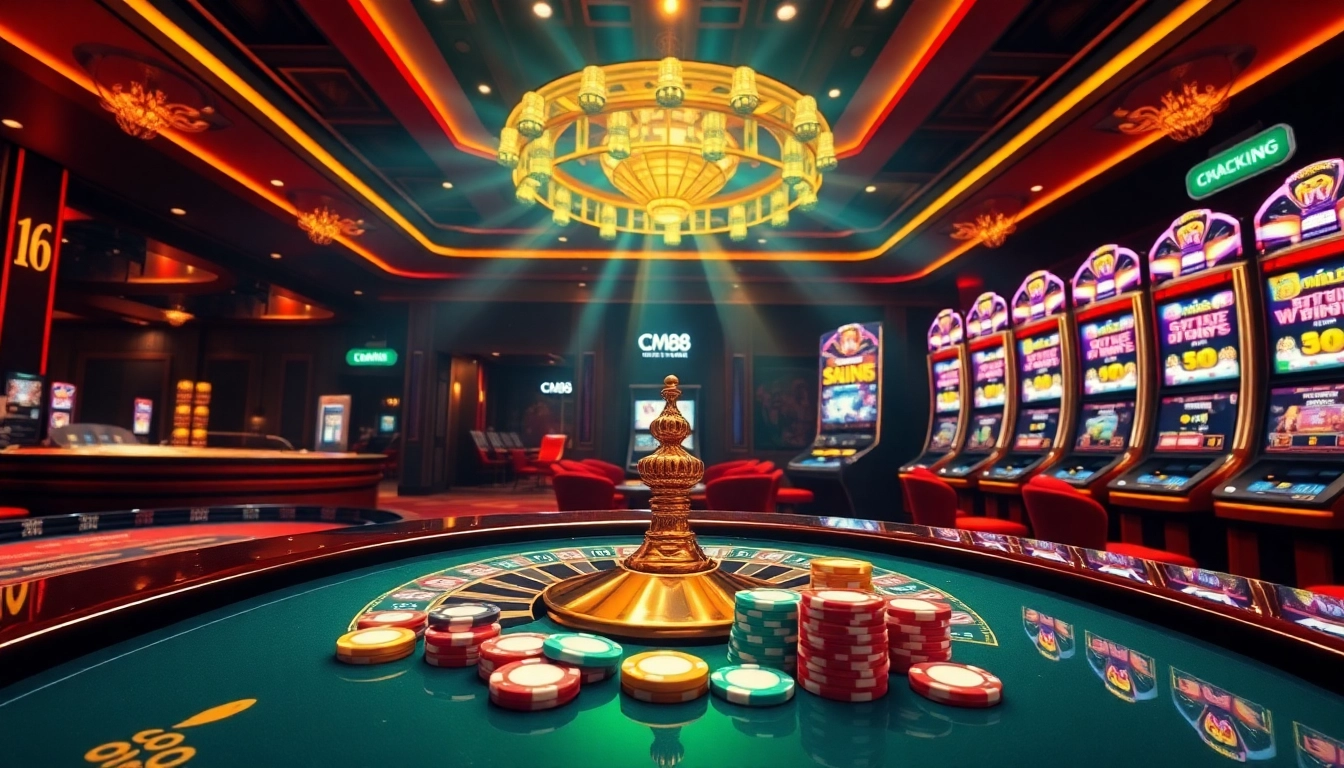 Experience thrilling gameplay at cm88 with vibrant casino visuals, poker chips, and a roulette wheel.