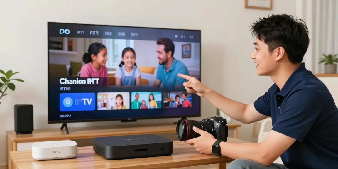 Reliable IPTV Services setup with a professional technician assisting a local family in their home, showcasing trusted providers.