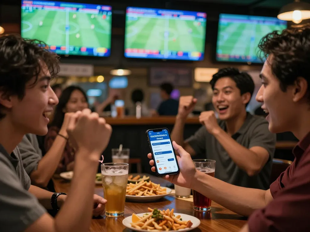 Engaged sports bettor using keonhacai app to place bets during a football match at a lively bar