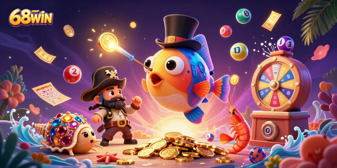 Experience the thrill of 68WIN with vibrant lottery and casino elements in an adventure-filled sea scene.