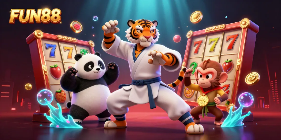 Experience FUN88's thrilling casino atmosphere with animated characters and vibrant slot game elements.