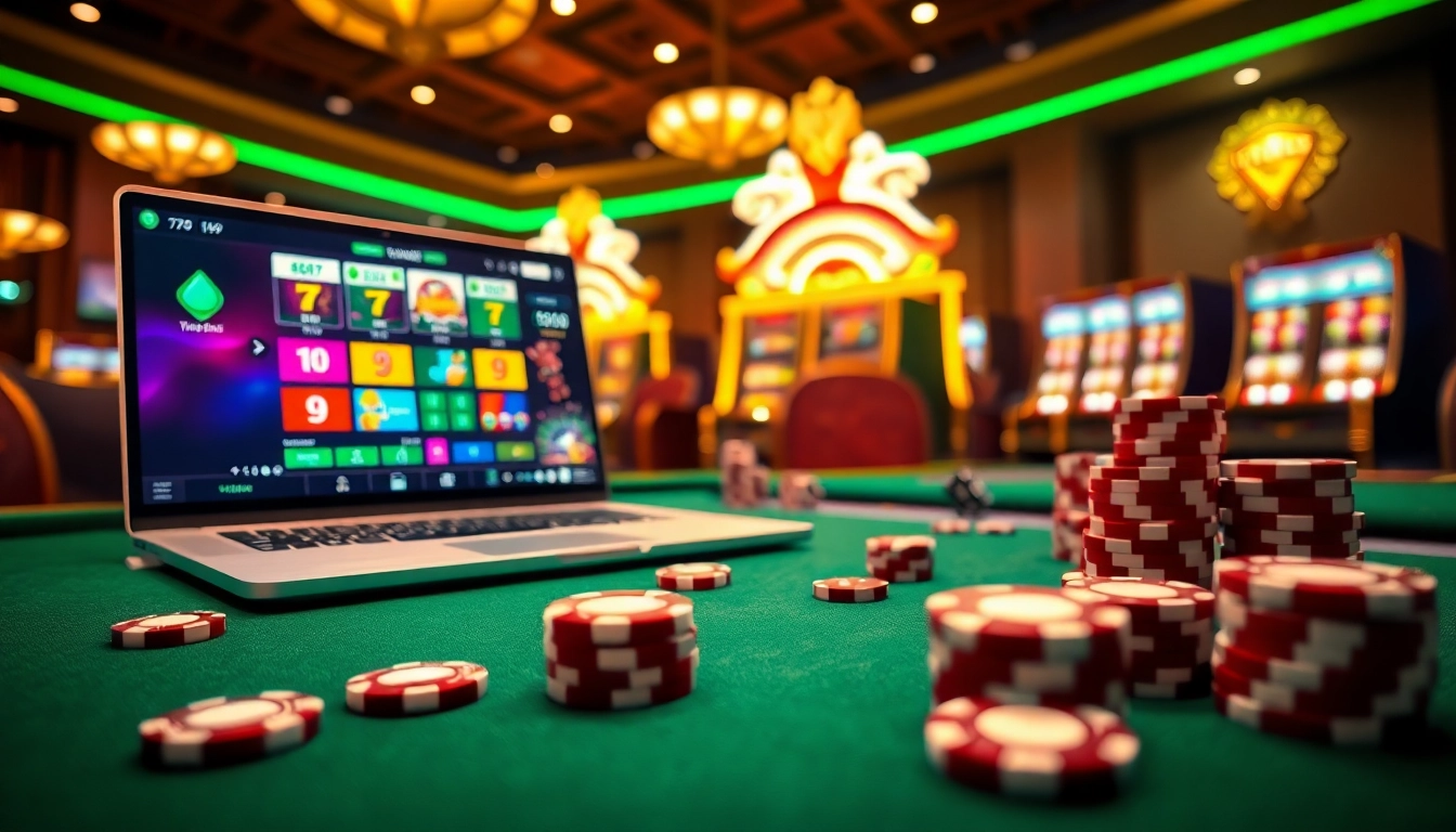 Playing exciting games at 789 f casino, featuring vibrant poker chips, online interface, and luxurious ambiance.
