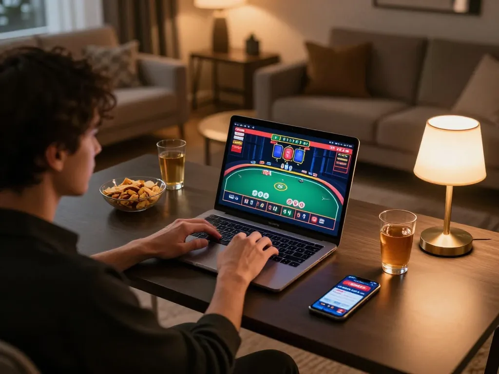 Engaged player using laptop for BL555 online poker with warm home ambiance and gaming setup.