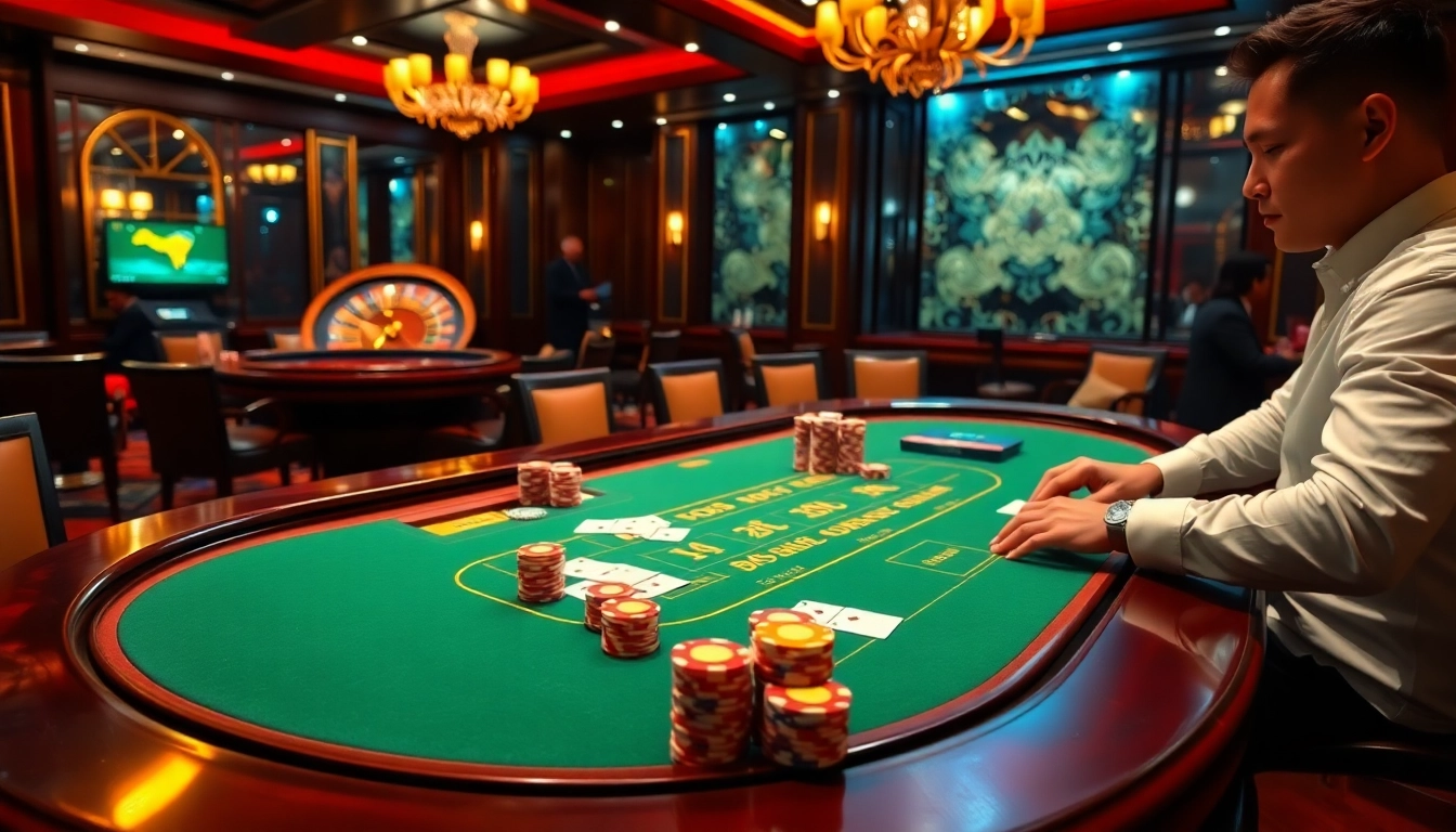 Playing blackjack with professional flair at 98win com casino, showcasing vibrant chips and tables.