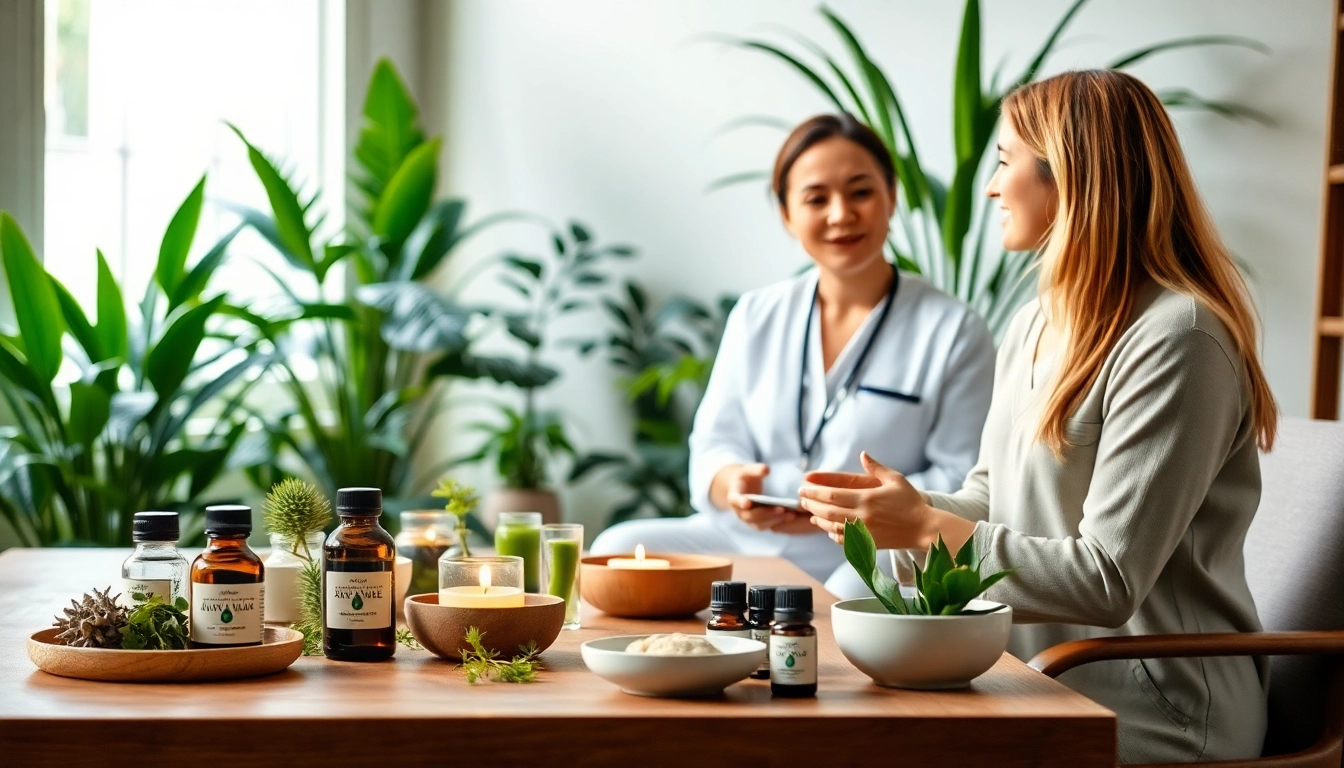 Ayurveda Consultation with a practitioner and client in a serene, herbal-filled setting.