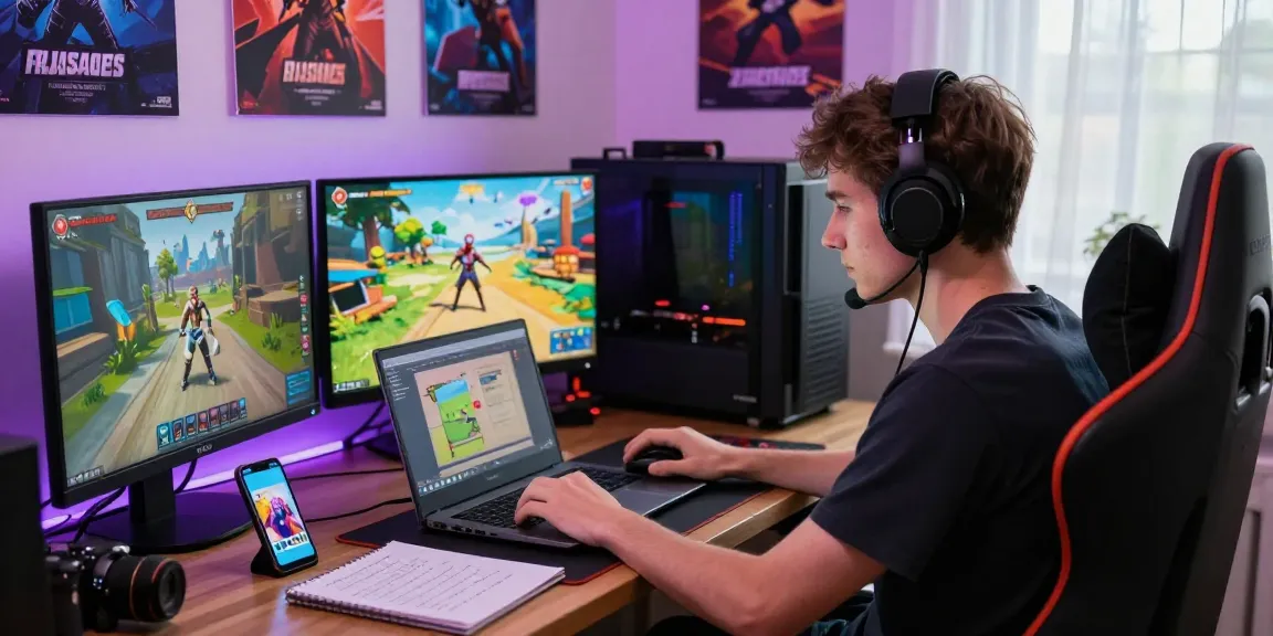 Engaging scene of a gamer exploring various porn games html on laptop in a vibrant gaming setup.
