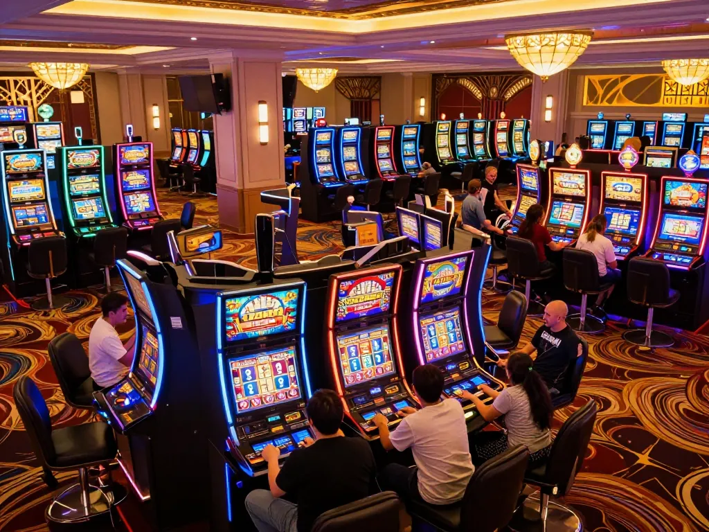 Players enjoying vibrant slot machines at 23win casino, capturing the excitement of gaming