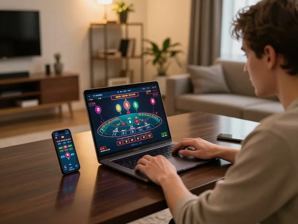 F168 player engaging with live dealer baccarat game in a cozy home environment.