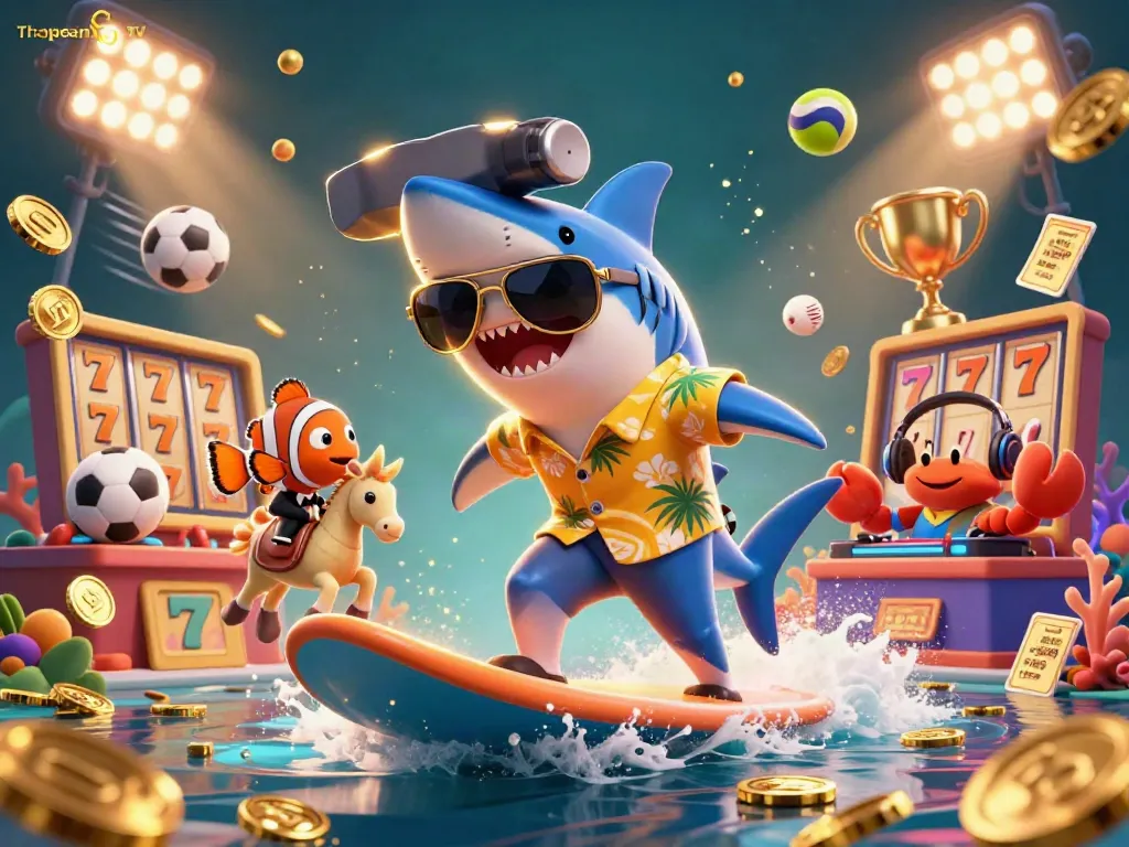 Watch thrilling action with Thapcam TV as a shark rides golden coins in a dynamic casino scene.