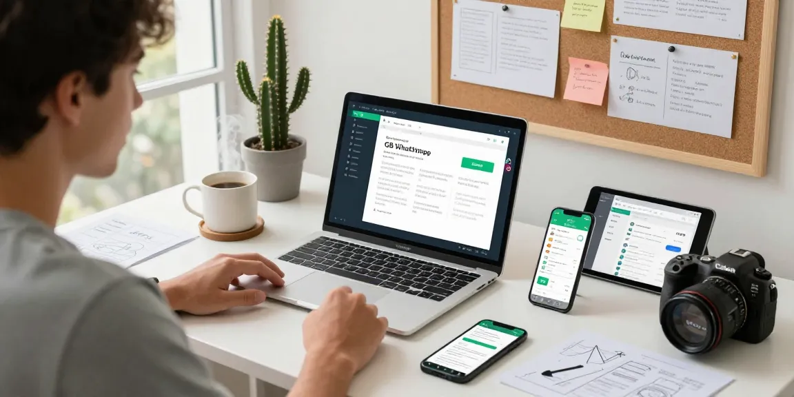 Developer working on the GB WhatsApp app in a modern workspace, showcasing mobile app features and analytics.