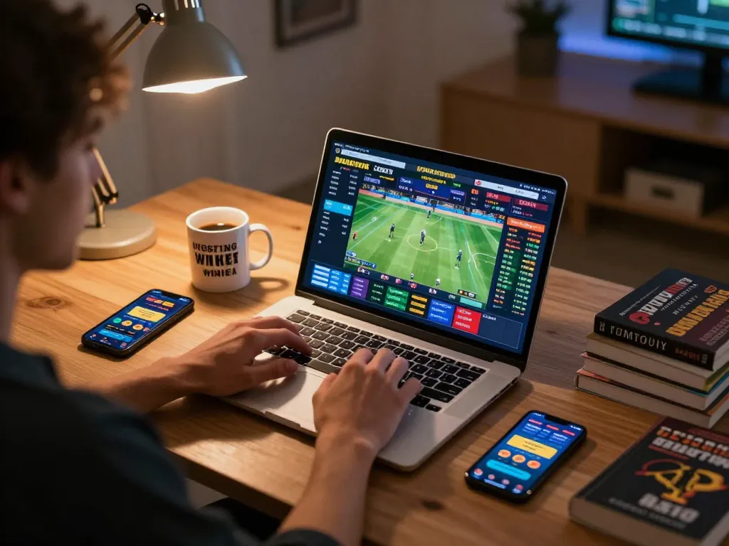CM88 sports betting setup with a live game interface on a laptop, showcasing responsible gambling.
