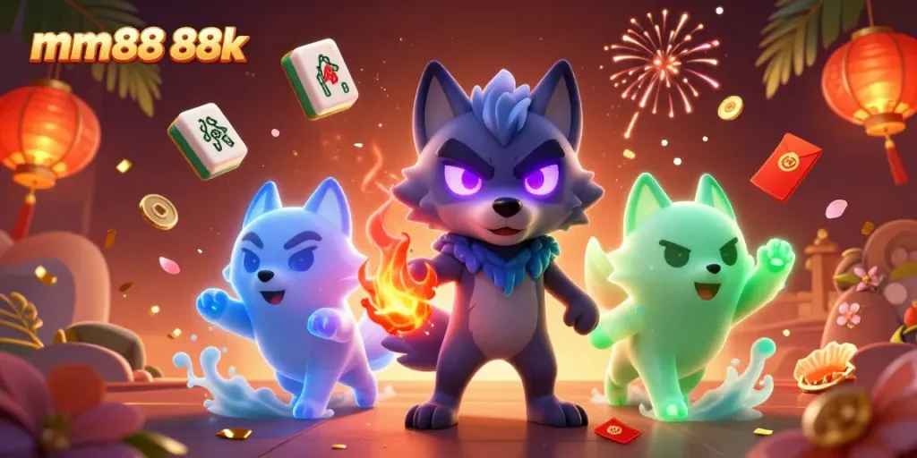 Experience thrilling gameplay with mm88 88k in a vibrant online casino scene featuring mystical wolves and celebratory elements.