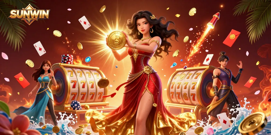 Experience the excitement of SUNWIN as a stunning Asian woman celebrates a big win surrounded by golden coins and slot elements.