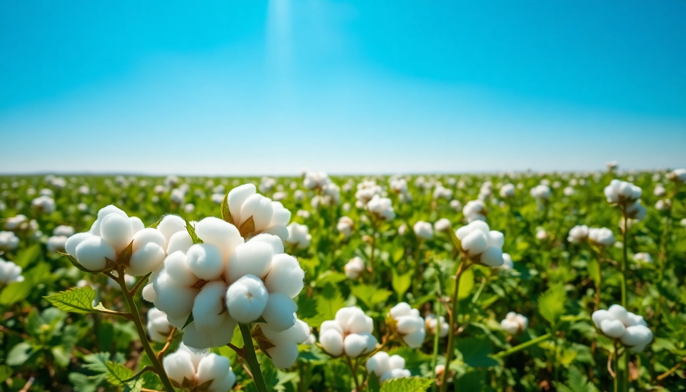 Katoenplanten bloeien in een groene katoenveld onder een blauwe lucht.
