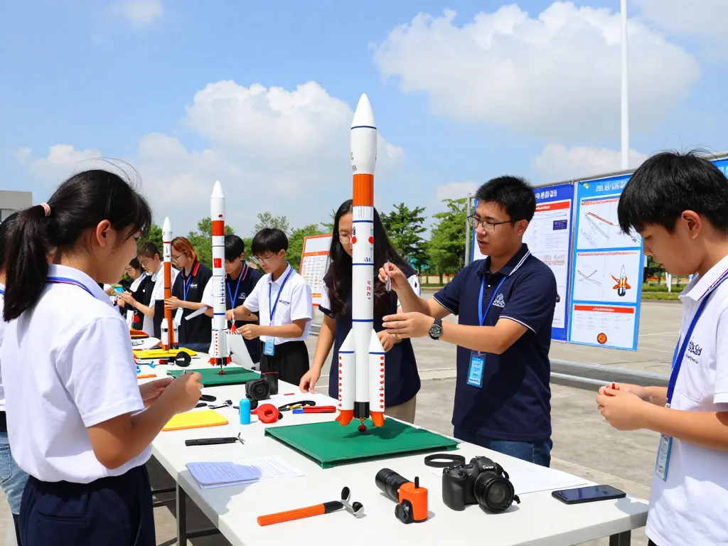 Students launching model rocket kits at a school event.