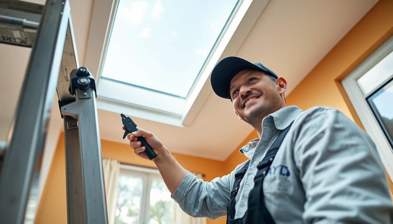 Velux repairs by a professional technician on a well-lit modern skylight.