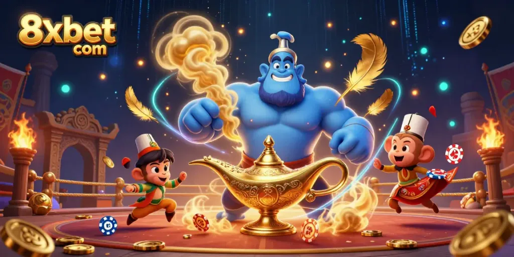 Engage with 8xbet com in a vibrant 3D illustration depicting a mystical genie and poker-themed scene.