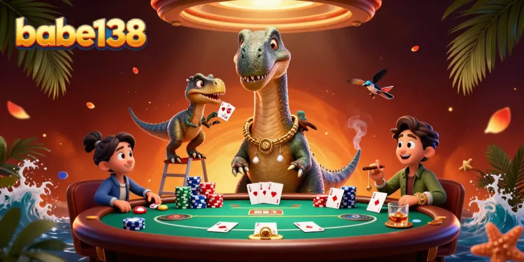 Grafik menarik babe138 dengan brontosaurus dan dadu, suasana kasino yang hidup.