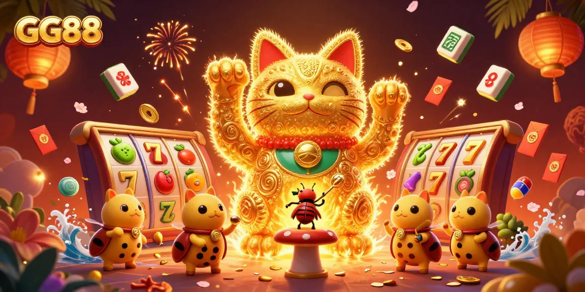 Spin the reels of GG88 with golden fireflies and vibrant casino symbols adding excitement.