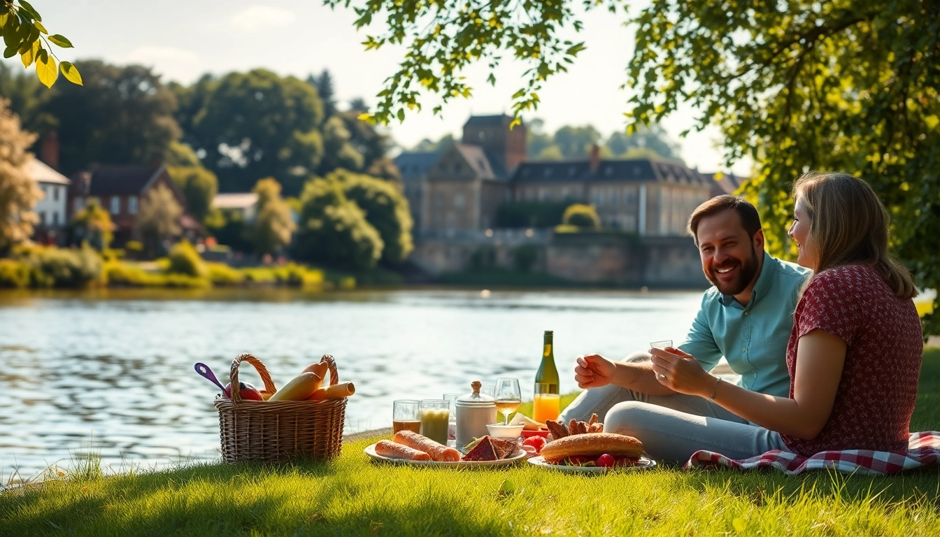 A couple enjoying a picnic by the serene Thames Ditton riverside with lush greenery.