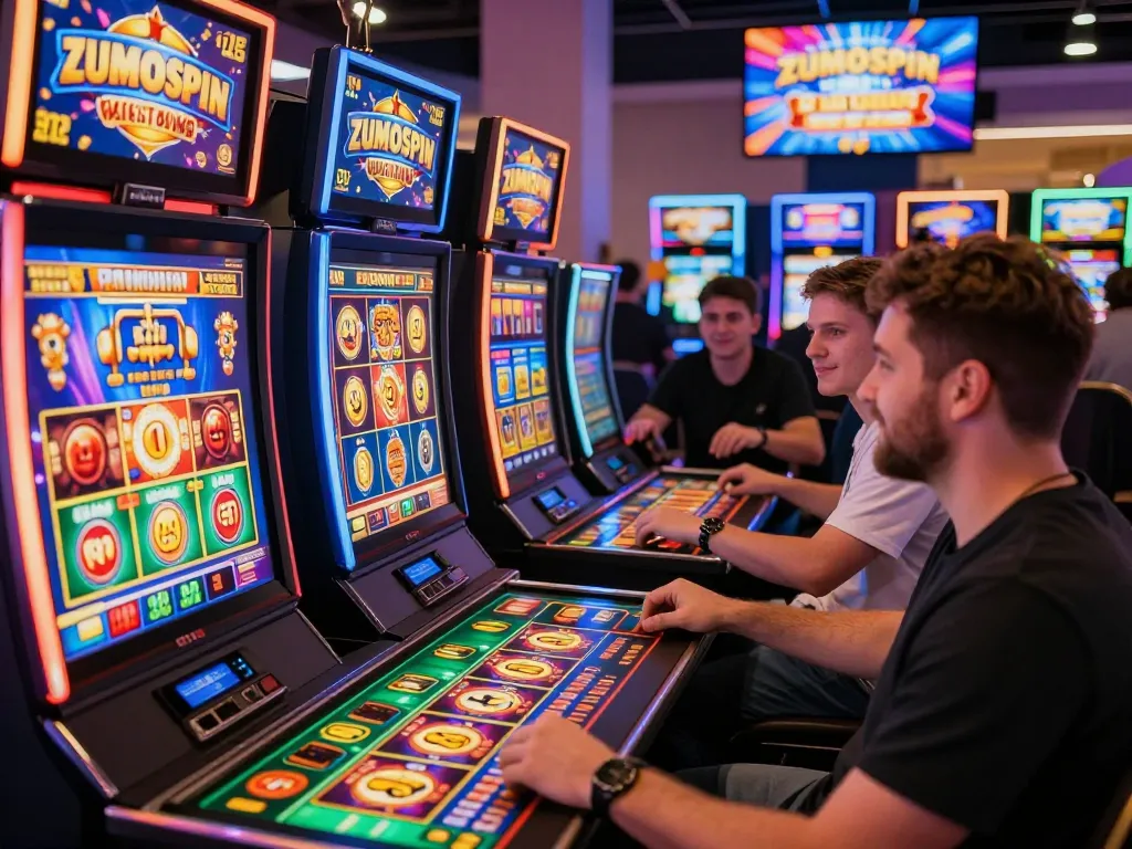 Exciting gaming scene at Zumospin Casino showcasing the welkomstbonus with diverse players celebrating wins.