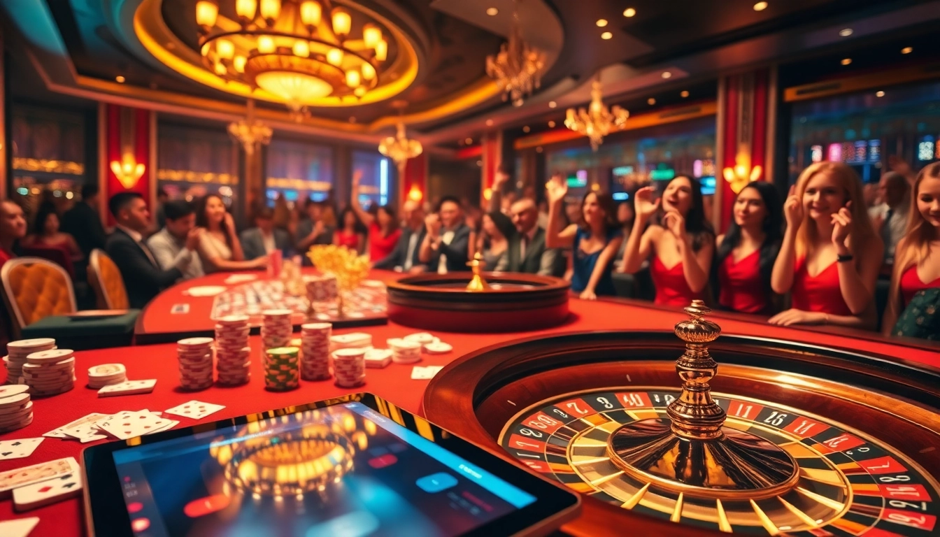 Players celebrate wins at loto188.gb.net in a vibrant casino scene with roulette and poker elements.