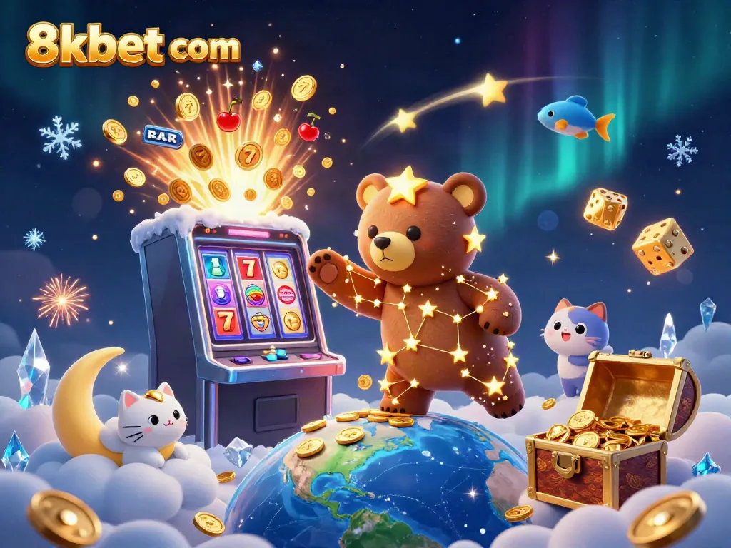 Experience the thrill at 8xbet com with a vibrant casino scene featuring a constellation bear and dazzling slot machines.