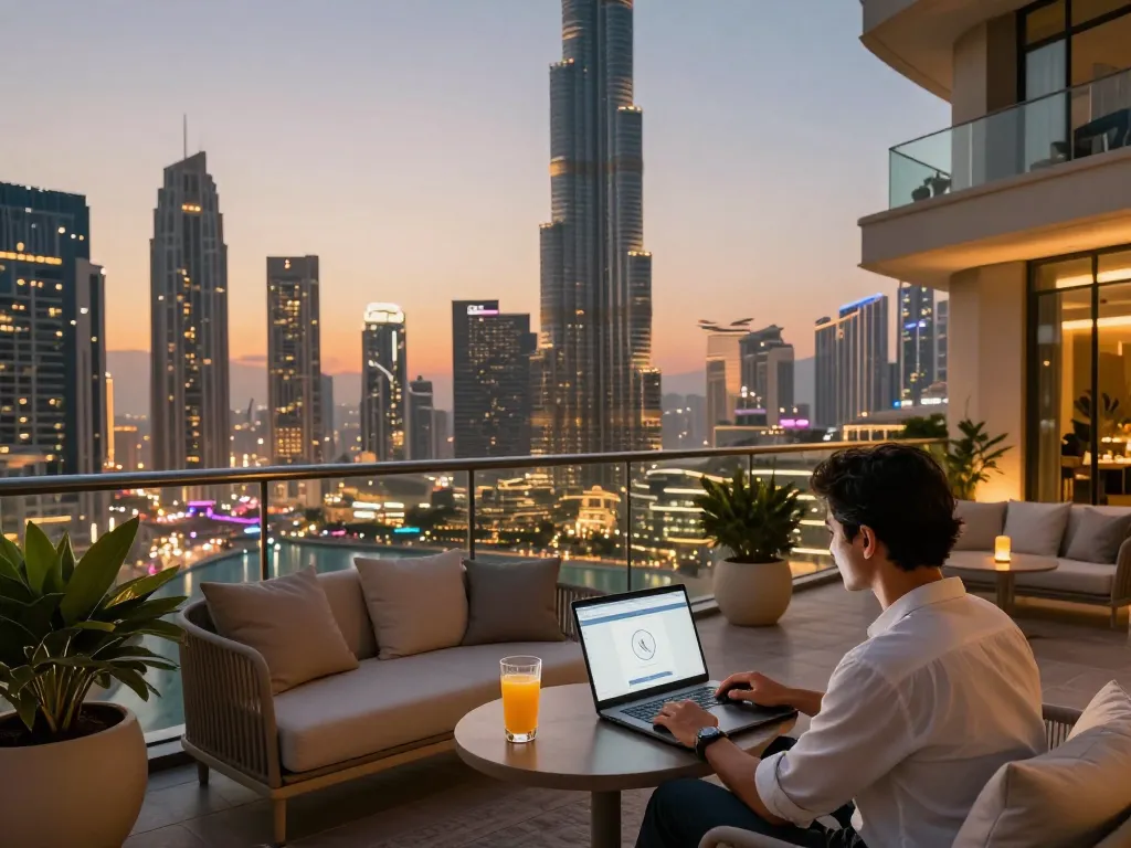 Airbnb management Dubai host overlooking the skyline at sunset, managing listings from a modern balcony.