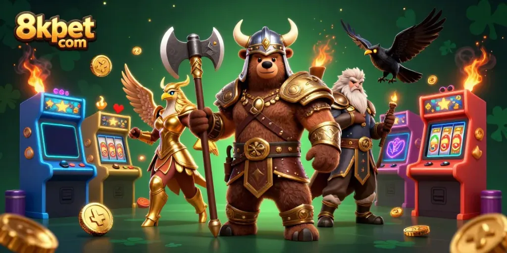 Engage with winning strategies at 8xbet com featuring a Viking bear and Valkyrie in a vibrant casino scene.