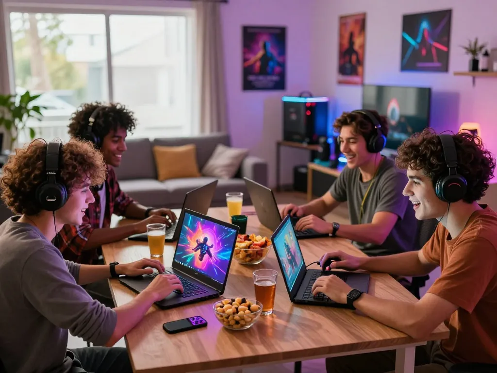 Exciting gaming scene with friends enjoying online games at https://onbet.channel/ with vibrant visuals and snacks.