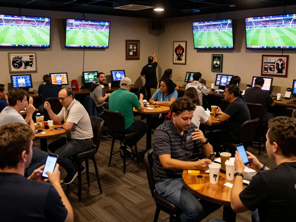 Excited sports bettors engaging with betting apps in a lively gg88com lounge, screens displaying live events