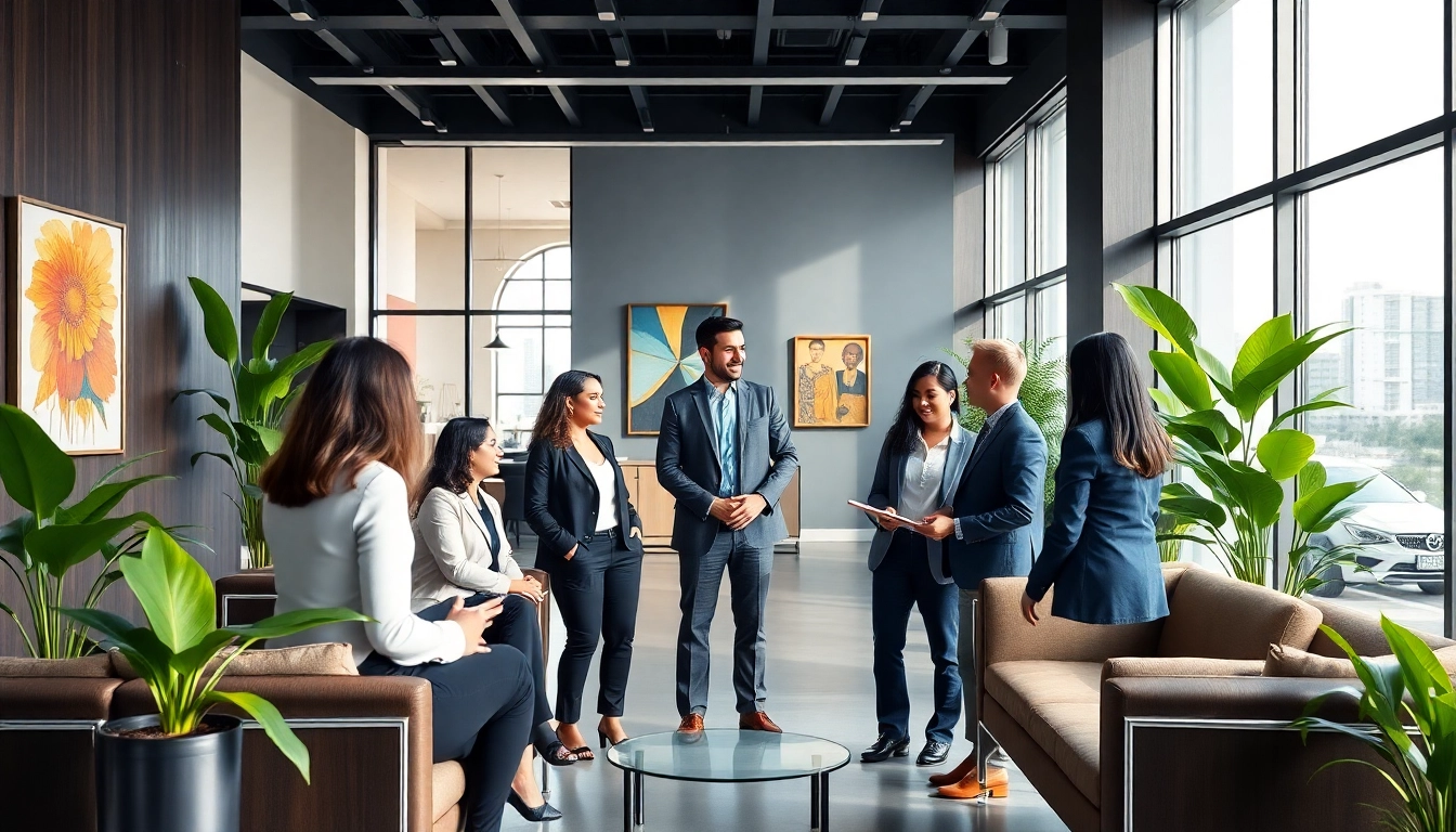 Law firm in Miami office with diverse lawyers consulting clients in an inviting, modern space.