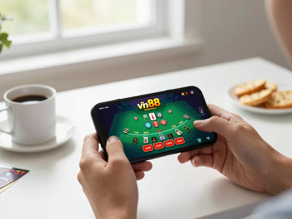 vin88 casino app display on smartphone during blackjack gameplay, engaging online gambling scene