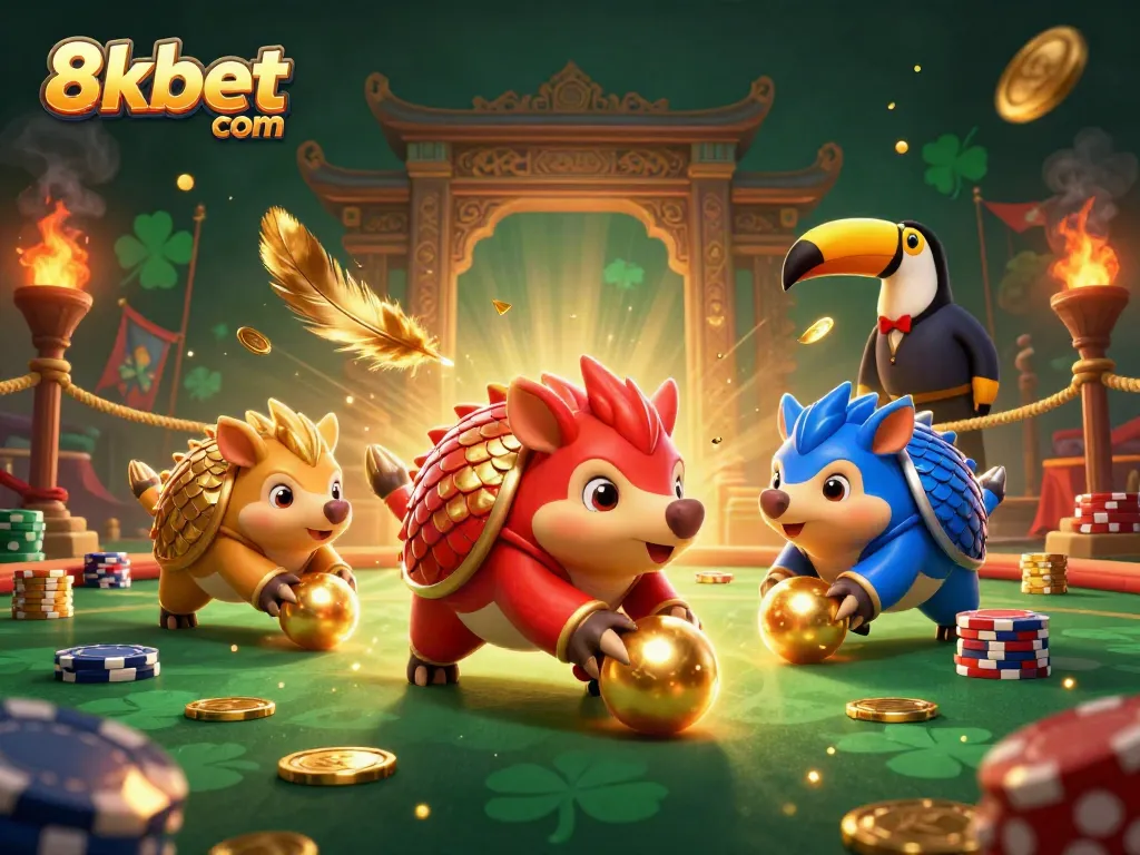 Catch great wins with 8xbet com, where rival pangolins battle in a dynamic casino-themed scene.