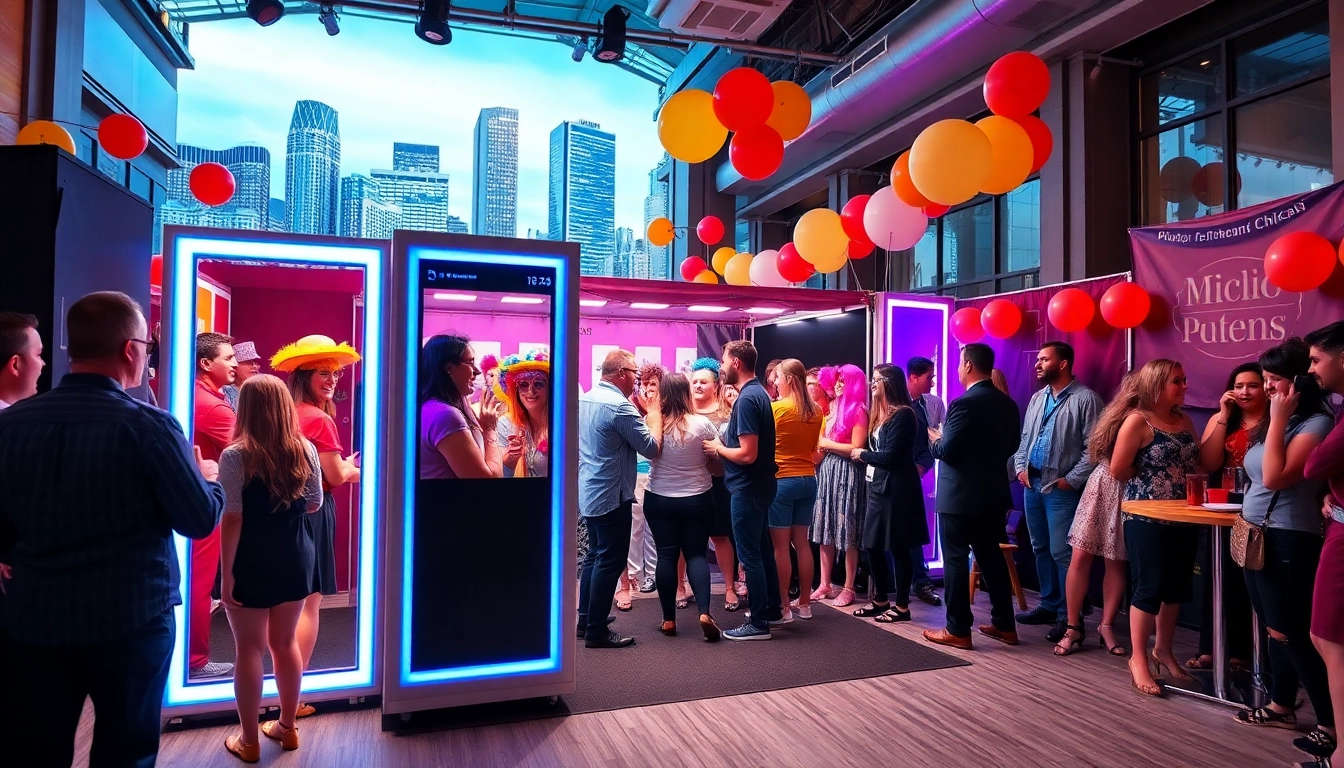 Capture the joy of a photo booth rental chicago at a lively event with colorful props and urban backdrop.