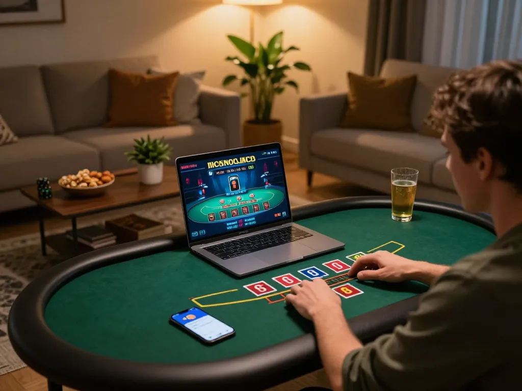Engaging in a thrilling blackjack game on qq88, showcasing a cozy home gaming setup.
