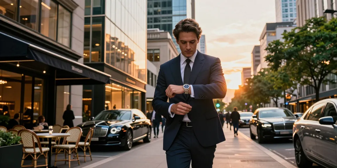 Stylish individual with a rolex replica watch in an urban luxury setting.