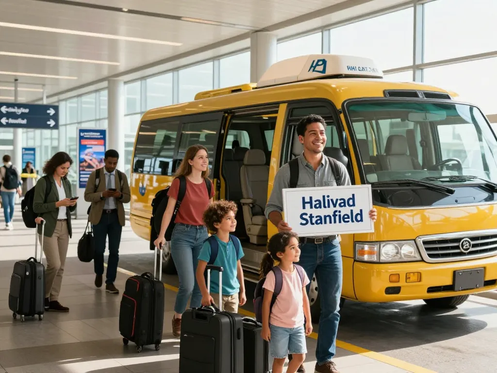 Airport taxi Halifax service with friendly driver assisting a diverse family at Halifax airport, showcasing convenience and warmth.
