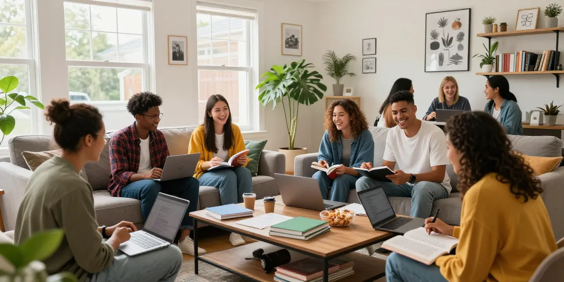 Student housing Northampton: Diverse university students studying together in a modern living room.