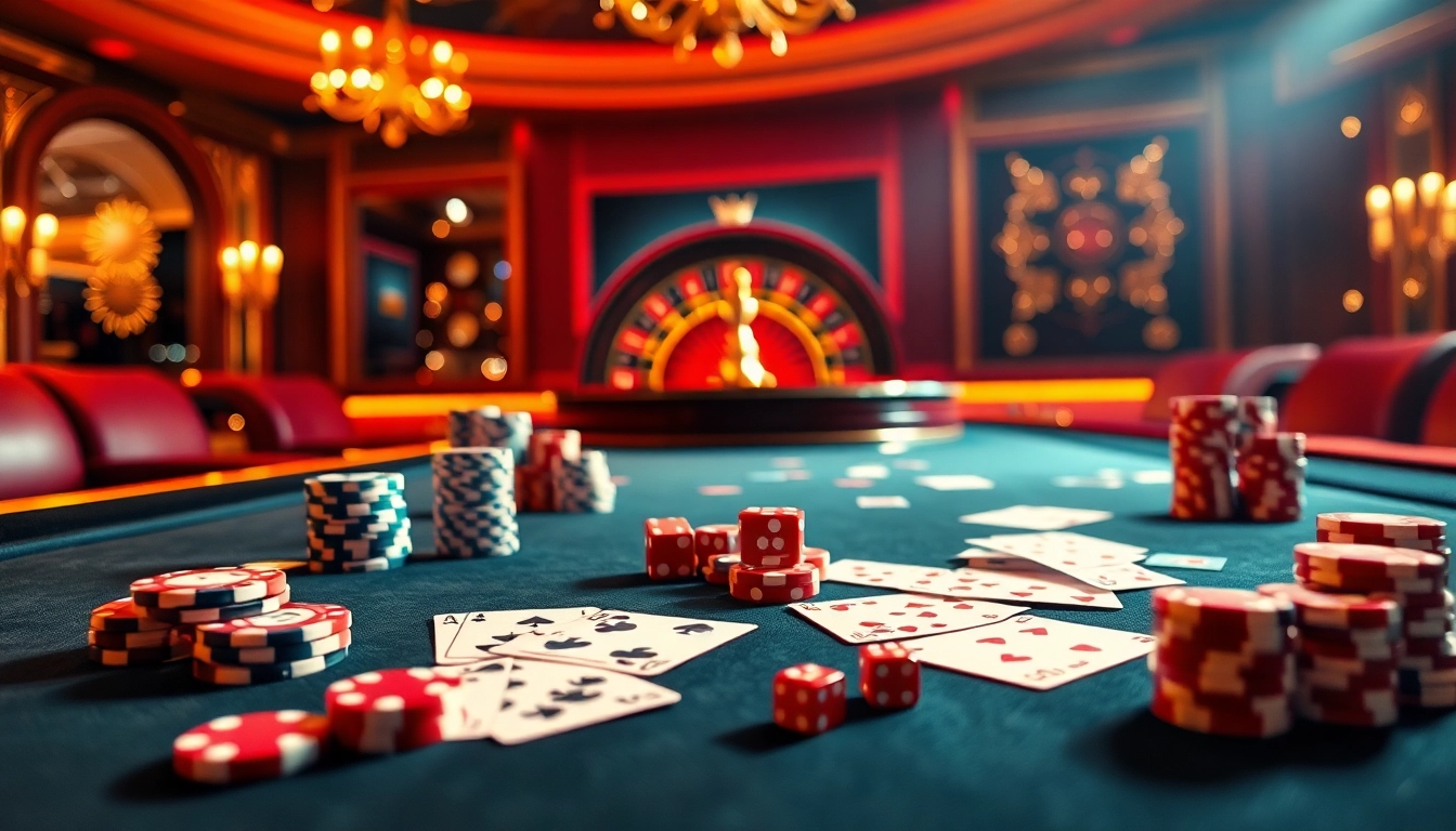 Engaged gamblers enjoying high-stakes games at 33WIN casino table filled with chips, cards, and a roulette wheel.