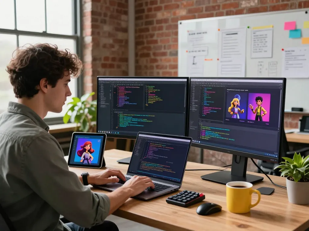 Developer engaged in coding, showcasing spicy AI innovations in a modern office.