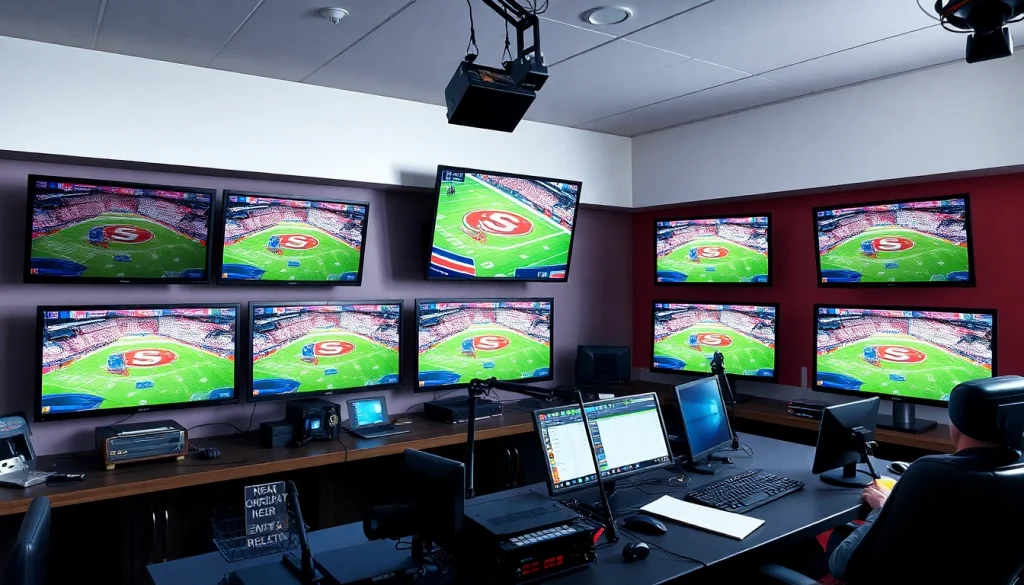 Engaging scene of sports broadcasting with a dynamic studio setup featuring advanced technology.