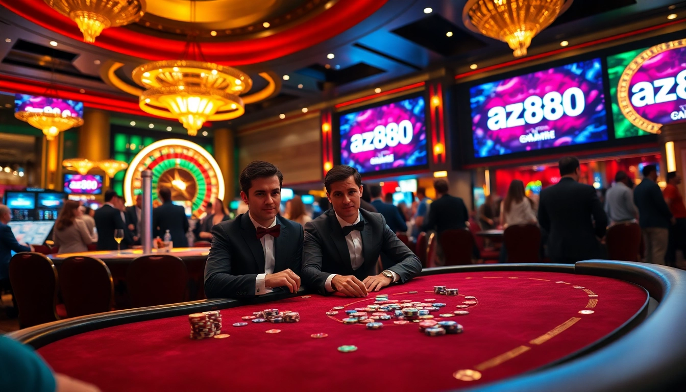 Players engaging in a high-stakes poker game at az888 casino, showcasing excitement and luxury.