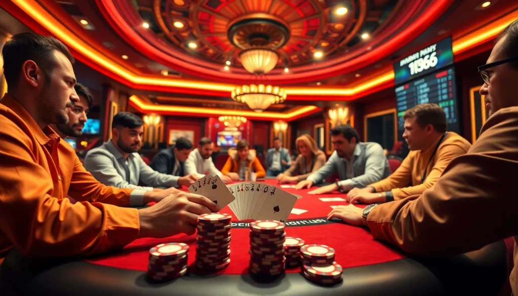 Experience high-stakes gameplay at MB66 with thrilling poker action and vibrant casino decor.