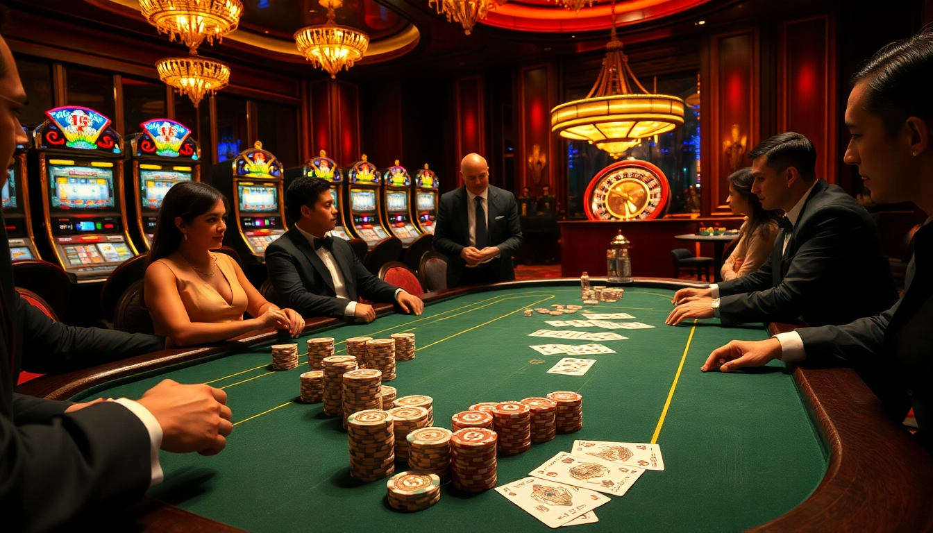 High-energy gaming atmosphere at nhà cái s666 with vibrant casino tables, poker chips, and intense players.